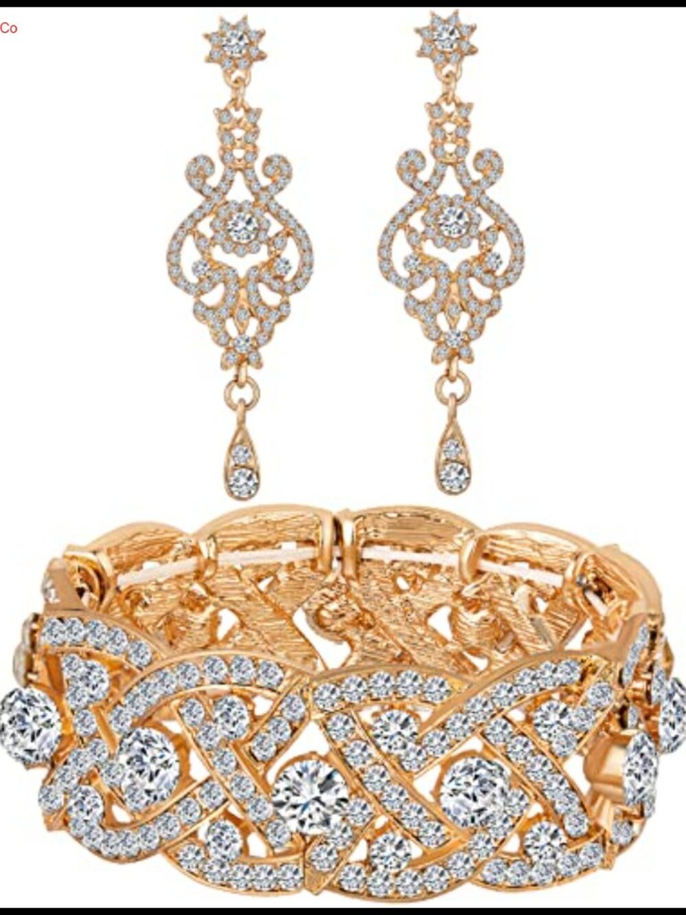 Paxuan Rhinestone Crystal Wedding Bridal Tennis Bracelet & Earrings Set Gold